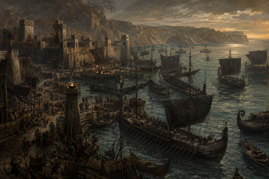 Corsair warships gathered inside the fortified Haven of Umbar before sailing north against Gondor