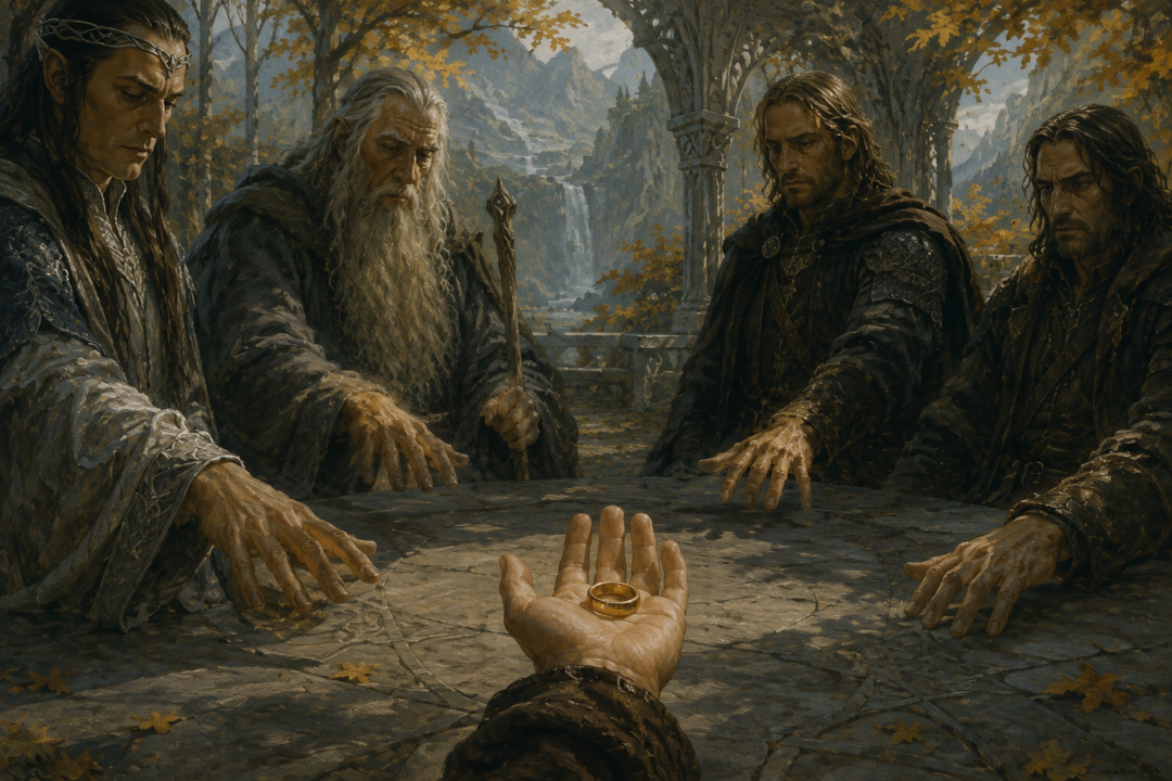 Frodo holds the One Ring while the powerful members of Elrond's Council refrain from taking it from him.
