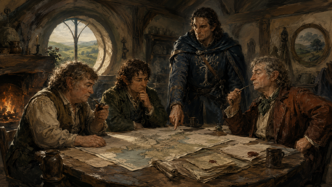 Samwise, Merry, and Pippin serving as Counsellors of the North-kingdom in a modest Shire meeting hall.
