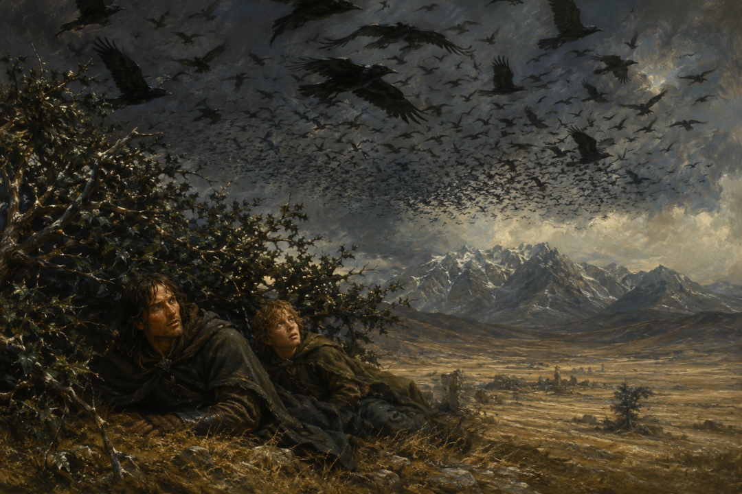 Aragorn and Sam hide beneath holly as a dense flock of crebain flies low over Hollin.