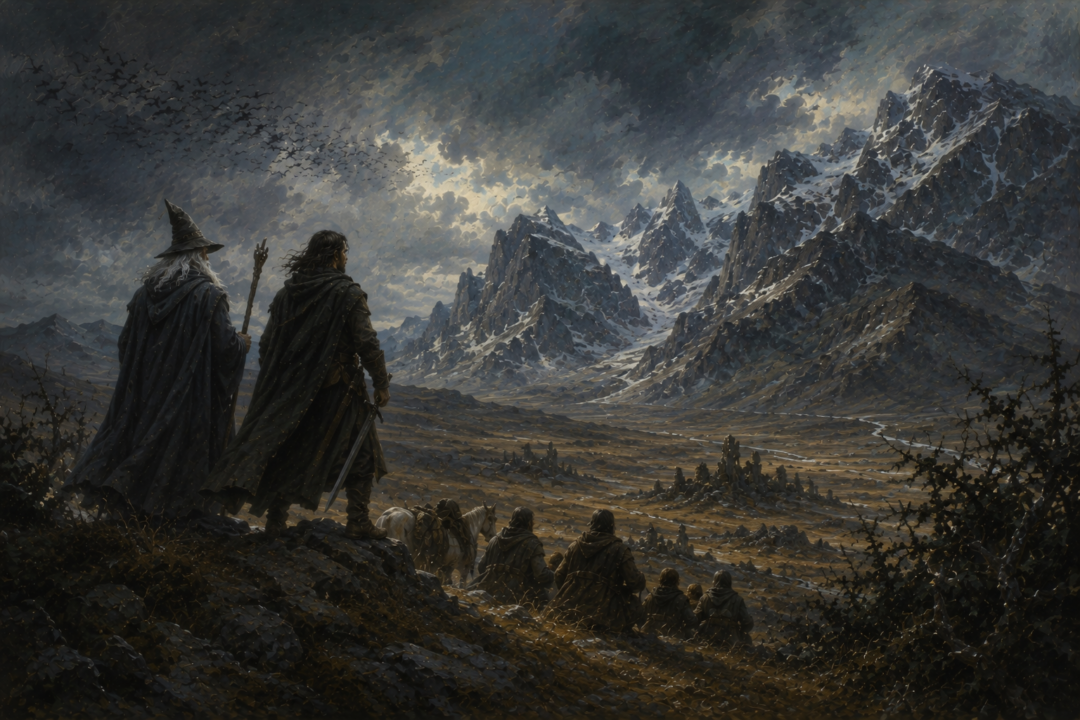 Aragorn and Gandalf look toward Caradhras as crebain vanish above the watched lands of Hollin.
