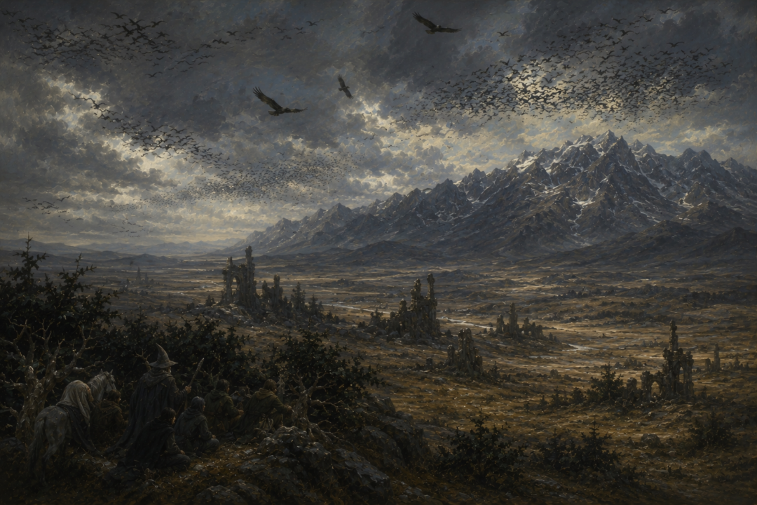 The Fellowship hides in the vast landscape of Eregion while flocks of crebain search the sky overhead.