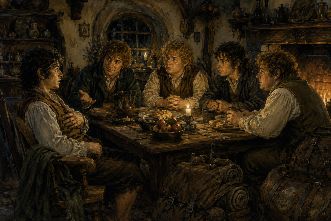 Frodo learning at Crickhollow that Merry, Pippin, Sam and Fatty Bolger know about his planned departure.