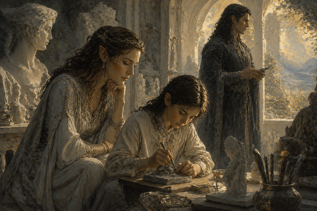 Nerdanel observing young Curufin's striking resemblance to his father Fëanor in Aman
