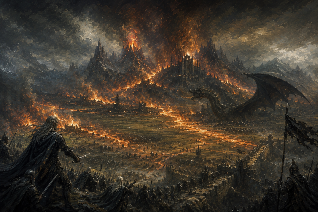 Fire from Thangorodrim sweeps across Ard-galen as Glaurung and Morgoth's armies break the Siege of Angband