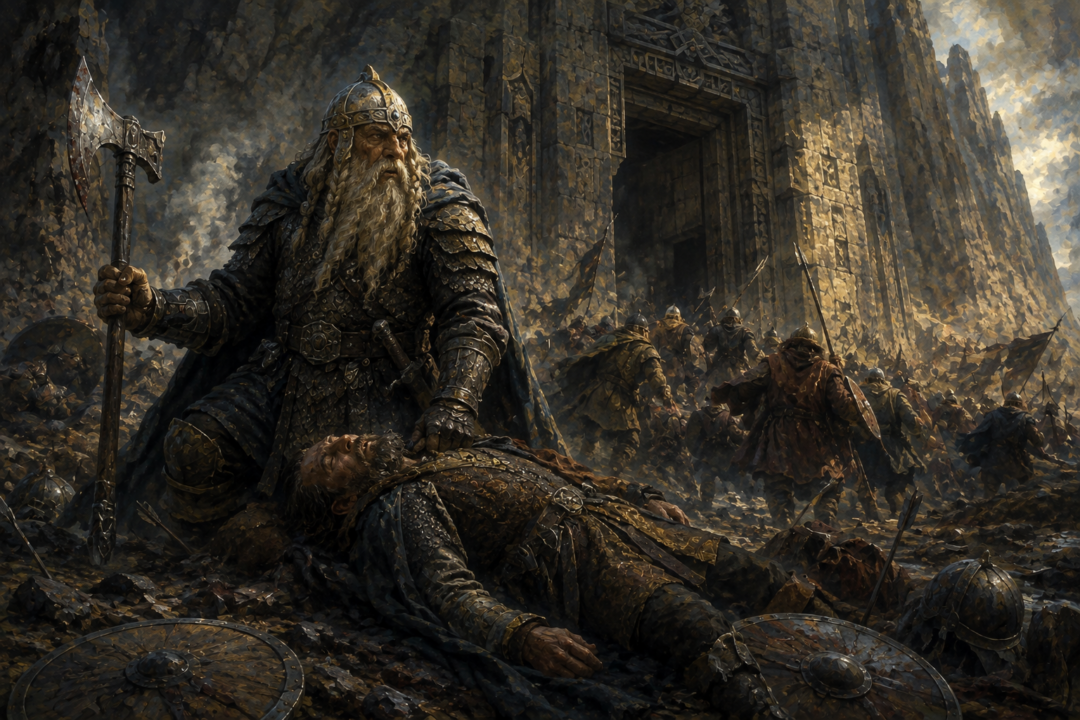 Dáin Ironfoot defends the fallen King Brand before the Gate of Erebor during the Battle of Dale.