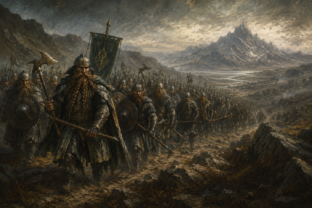 Dáin Ironfoot leads an armed host of Dwarves from the Iron Hills toward the Lonely Mountain