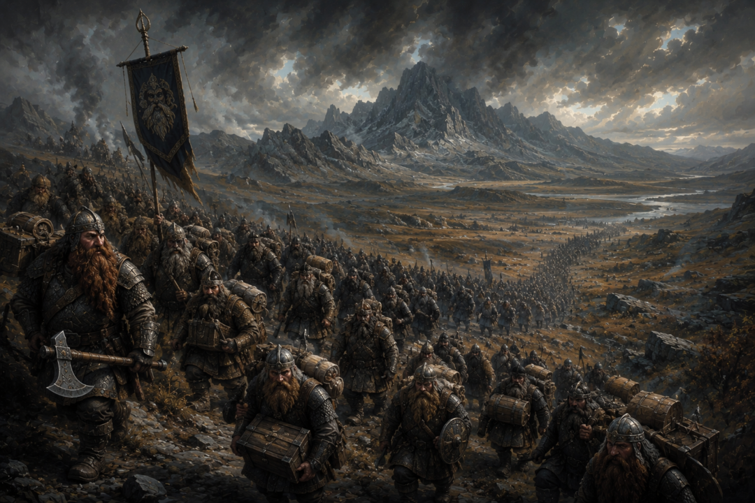 Dáin Ironfoot's Dwarf army marching toward Erebor carrying weapons and heavy packs of supplies