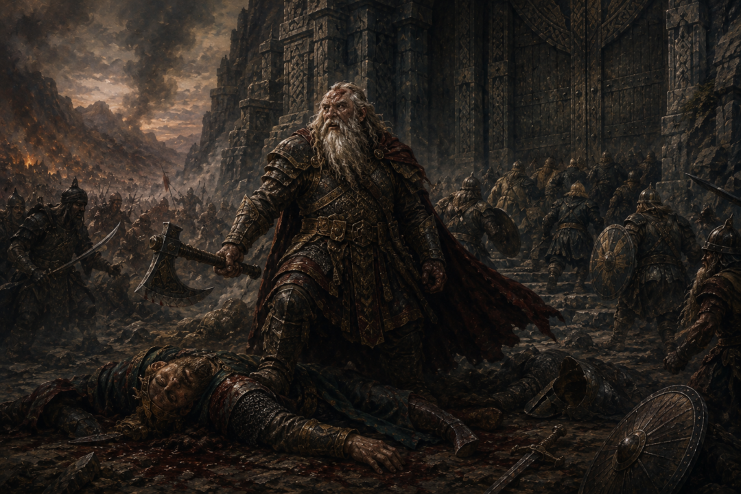 Dáin Ironfoot making his final stand over the fallen King Brand before the Gate of Erebor.