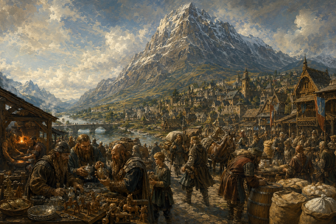 Men of Dale trading food and supplies for Dwarven crafts in the prosperous marketplace beneath Erebor.