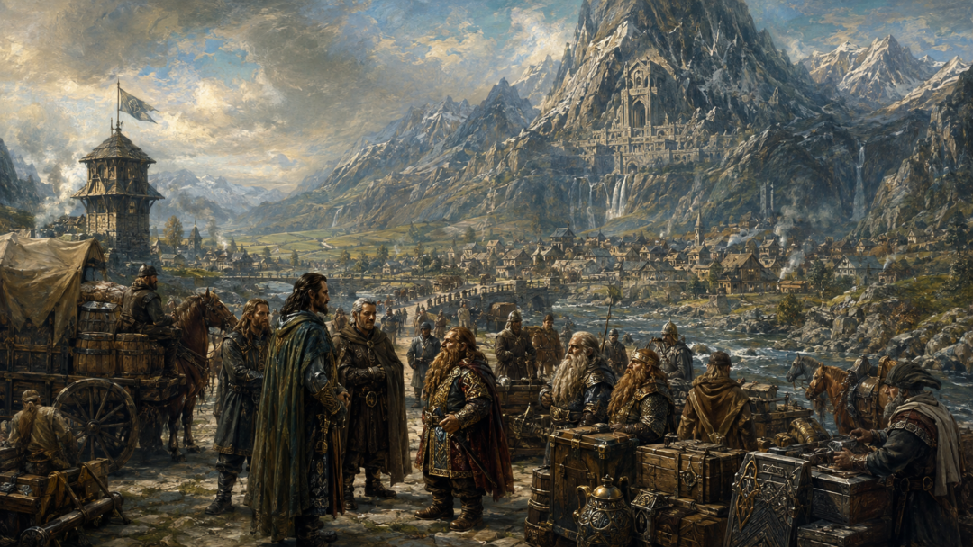 Men of Dale and Dwarves of Erebor meeting beside the River Running amid a prosperous late Third Age trade network.