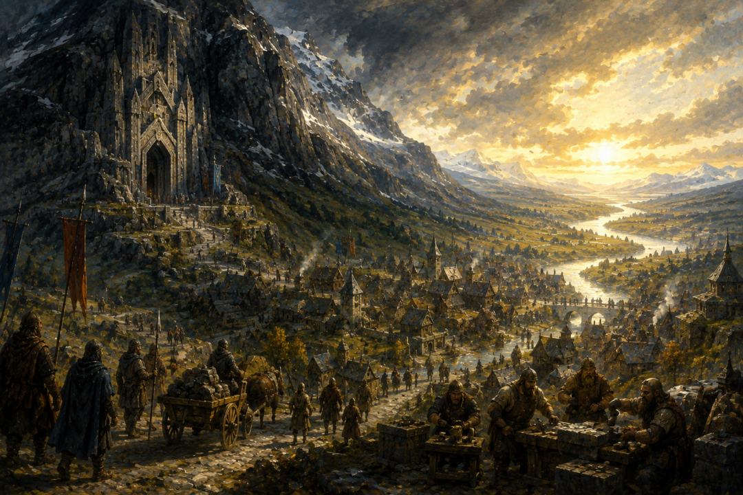 Restored Dale and Erebor prosper together in the early Fourth Age beneath the Lonely Mountain.