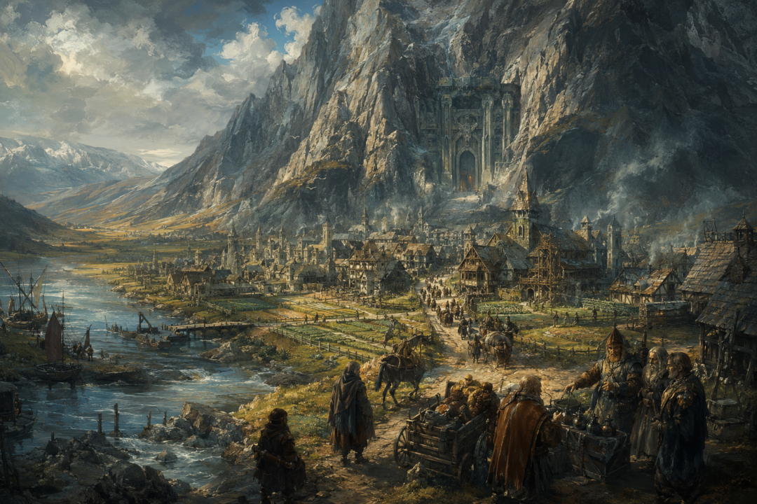 Restored Dale flourishing beneath Erebor as Men and Dwarves trade beside the River Running