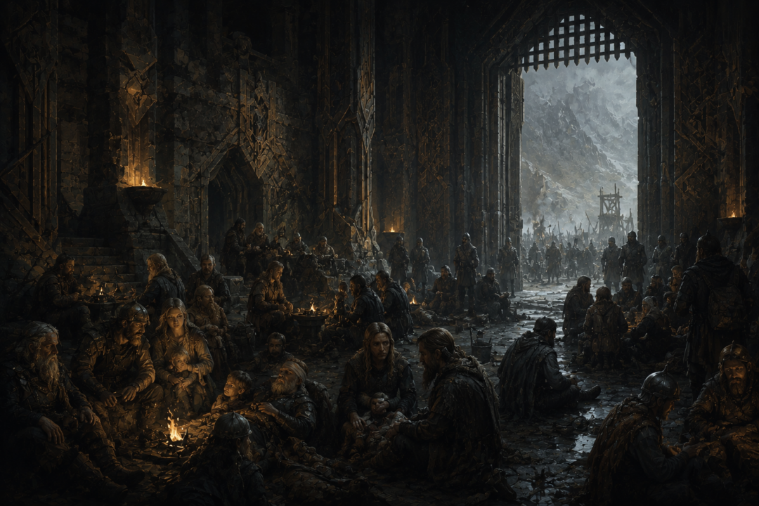 Men of Dale and Dwarves sheltering together inside Erebor during the Easterling siege