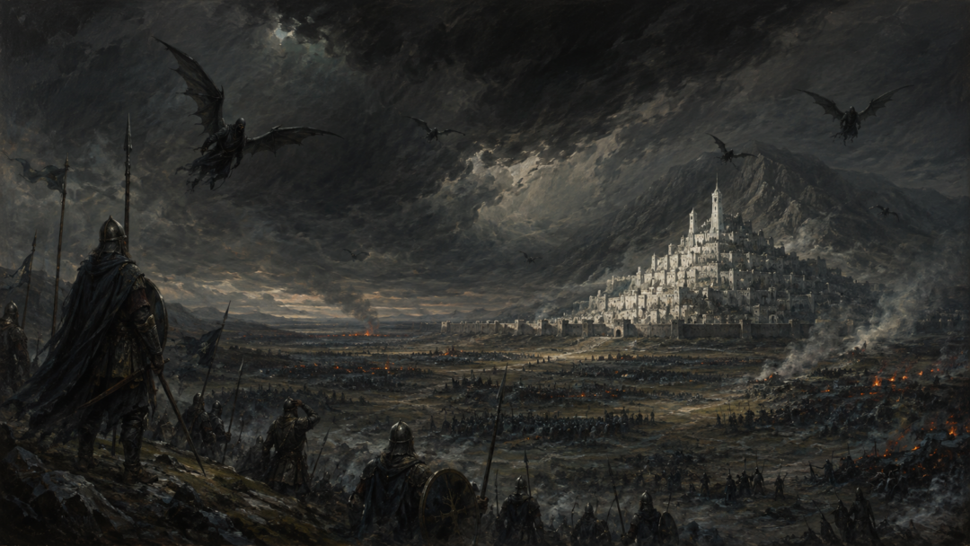 Sauron’s darkness covering the Pelennor Fields as Mordor surrounds Minas Tirith.