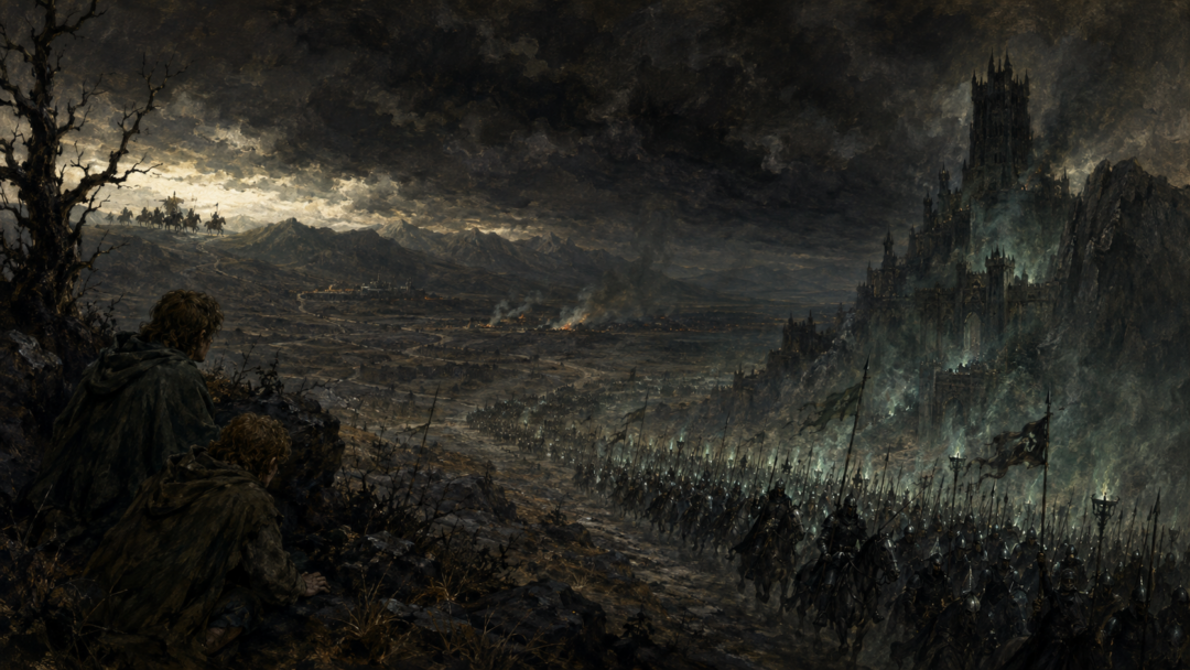 The Dawnless Day spreading from Mordor as Frodo watches the Minas Morgul host and Rohan prepares for war