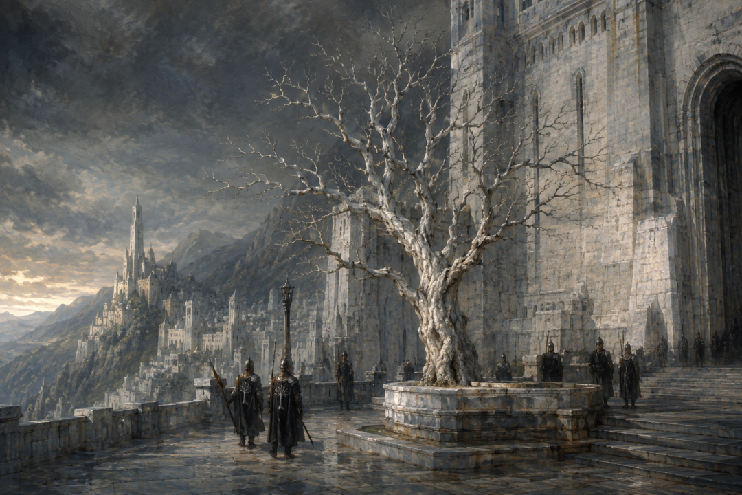 The dead White Tree standing beside the fountain in the Citadel of Minas Tirith before the return of the King.