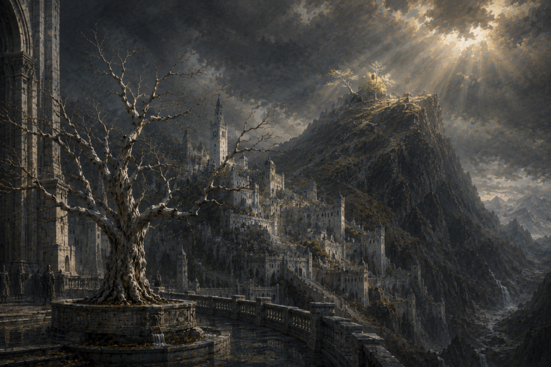 The dead White Tree in Minas Tirith contrasted with its living descendant high on the slopes of Mindolluin.