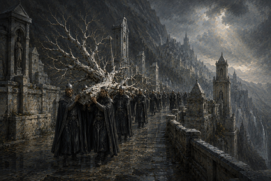 Gondorians carrying the dead White Tree with honour into Rath Dínen after a living successor is found.