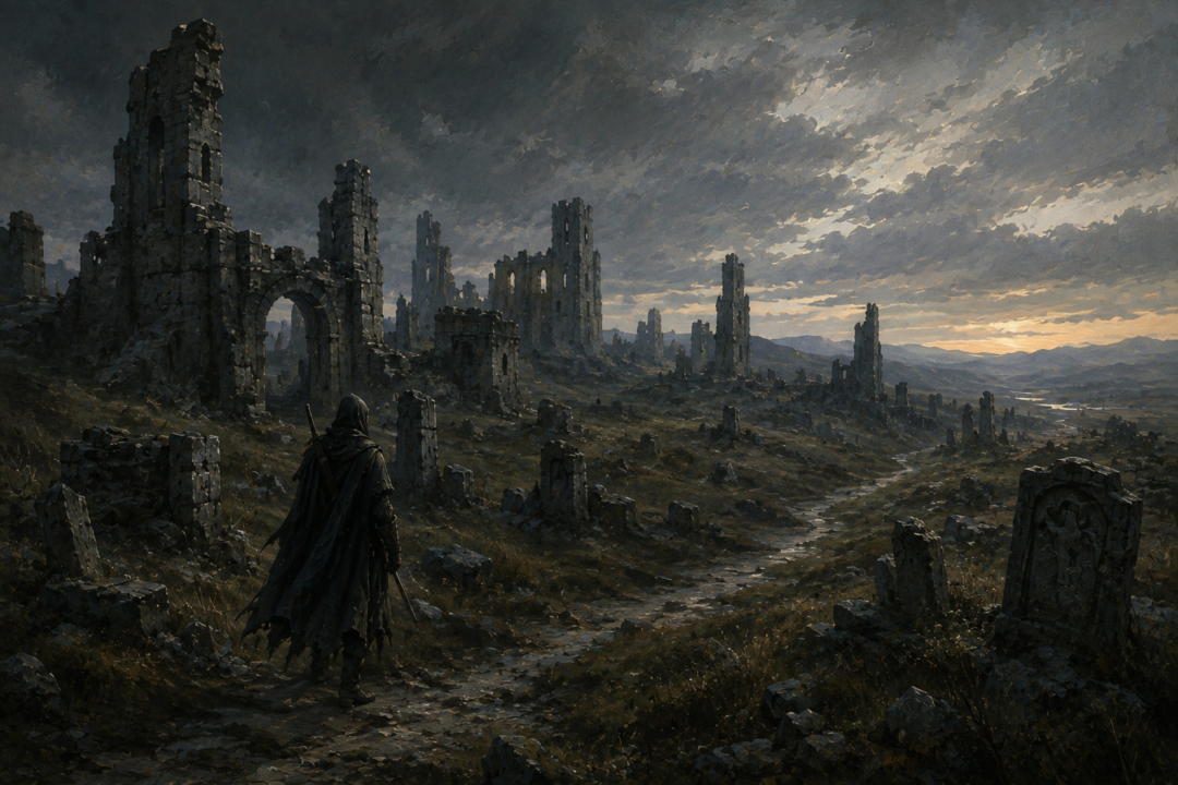 A solitary Ranger walking among the deserted ruins of Fornost Erain when the city was known as Deadmen’s Dike
