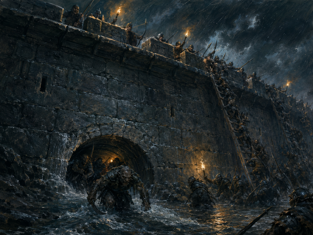 Orcs entering through the Deeping-stream culvert beneath the ancient stone Deeping Wall during the Battle of the Hornburg