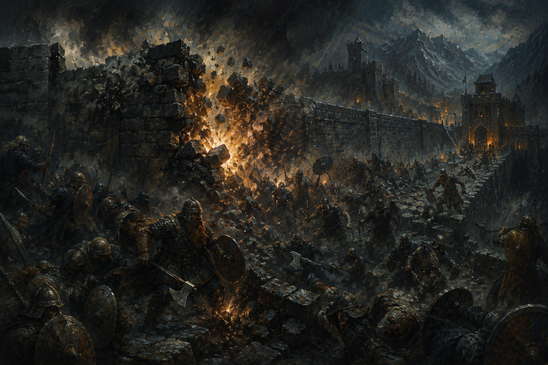 The Deeping Wall bursts apart during the Battle of Helm's Deep, separating Gimli from the Hornburg defenders.
