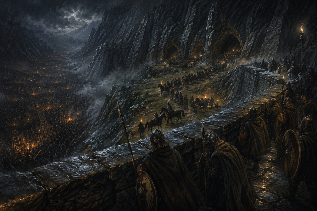 Rohirric defenders on the Deeping Wall protecting horses and Westfold refugees sheltering deeper inside Helm’s Deep