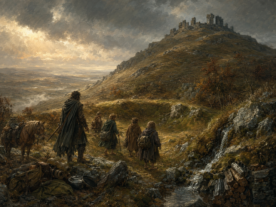 Aragorn and the hobbits discover the grassy sheltered dell on the western flank below Weathertop.