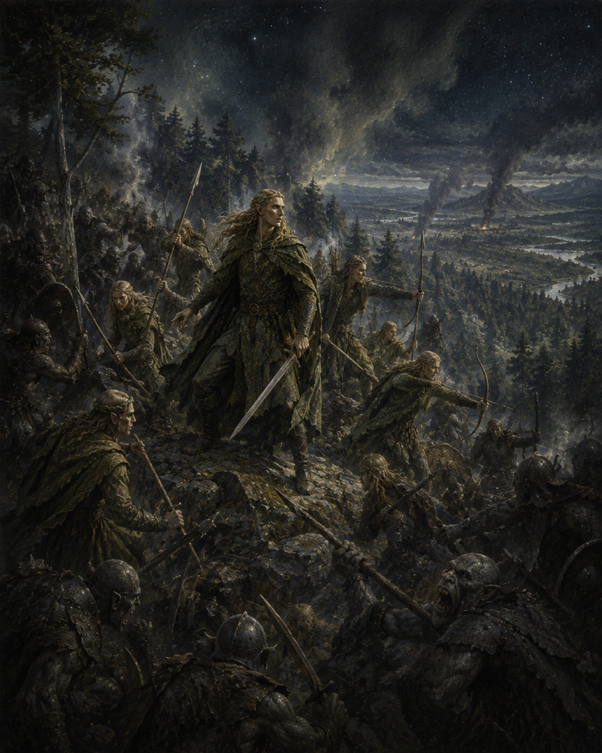 Denethor and the lightly armed Green-elves fighting Orcs on Amon Ereb during the First Battle of Beleriand
