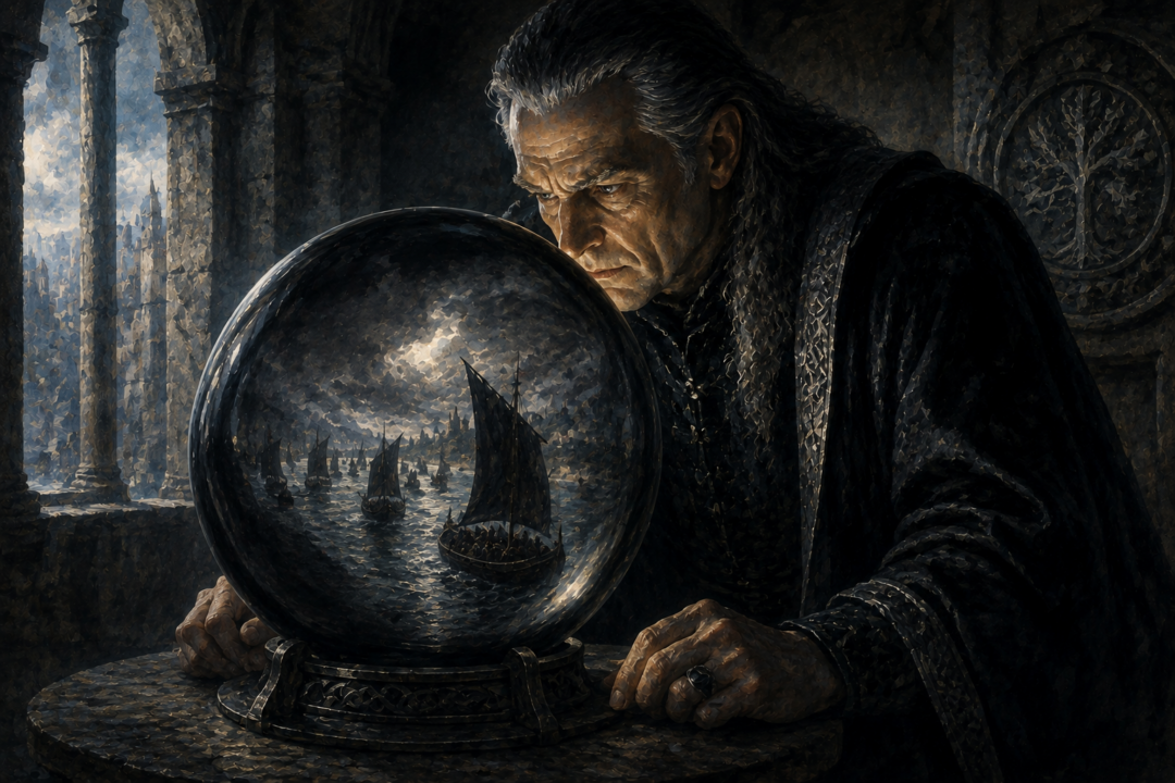 Denethor sees the Corsair ships sailing up the Anduin through the palantír without knowing who now controls them.