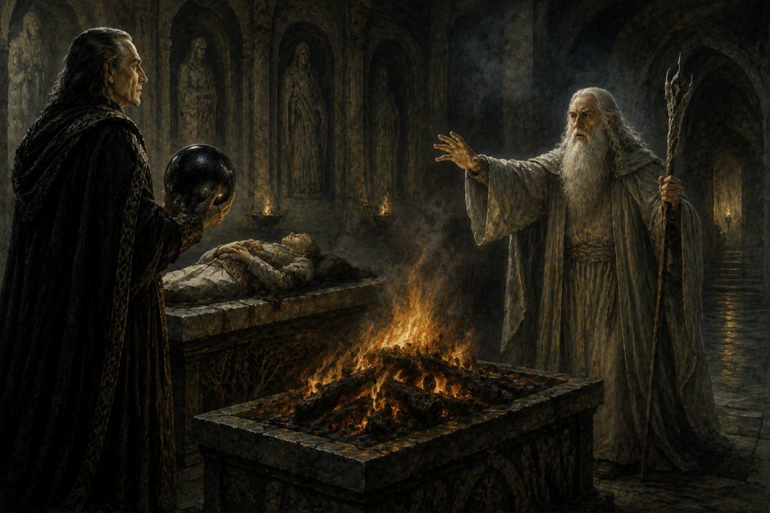 Denethor holds the palantír beside Faramir's prepared pyre as Gandalf confronts him in the House of the Stewards.