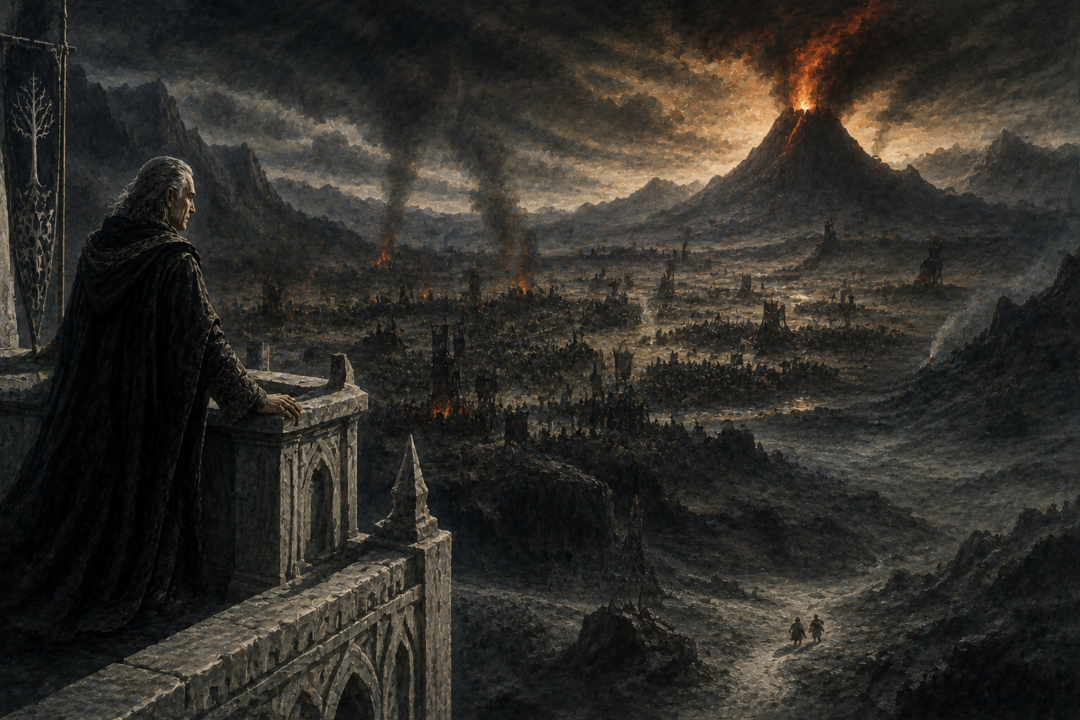 Denethor surveys the vast armies of Mordor while the hidden journey of two hobbits toward Mount Doom remains beyond his sight.