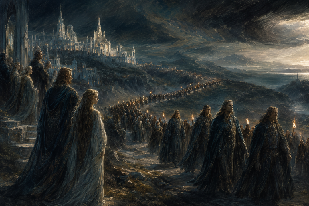 Separate hosts of the Noldor leaving Tirion under the darkness of Valinor while other Elves remain behind