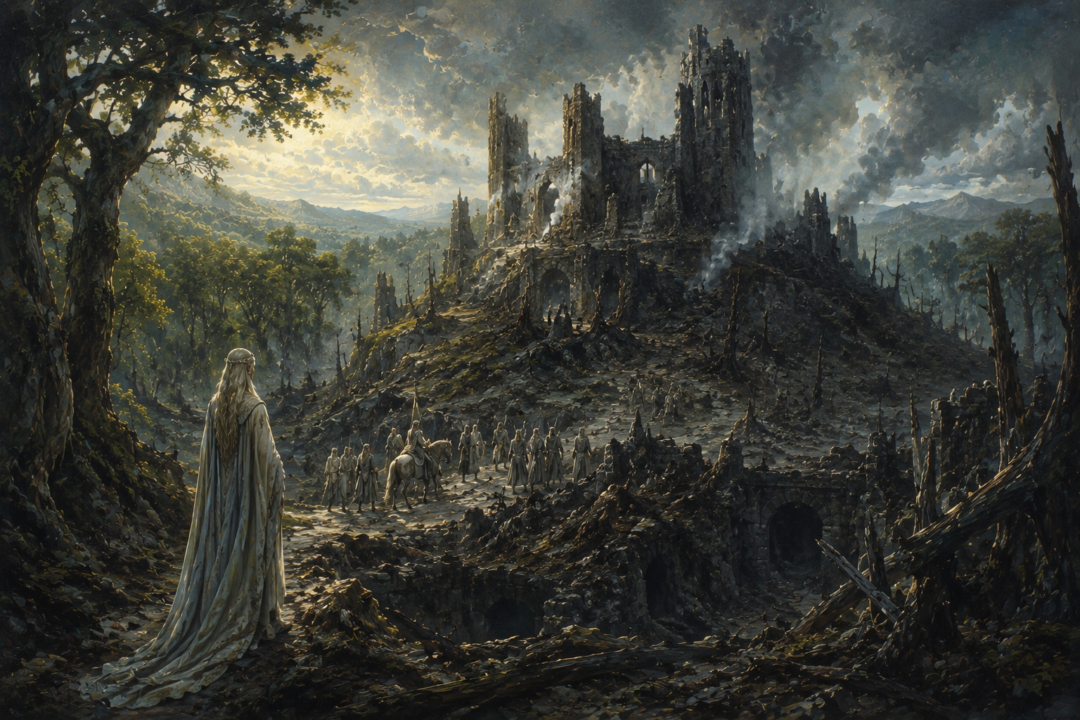 Ruined Dol Guldur amid the southern forest after Galadriel and the Elves cleanse Mirkwood