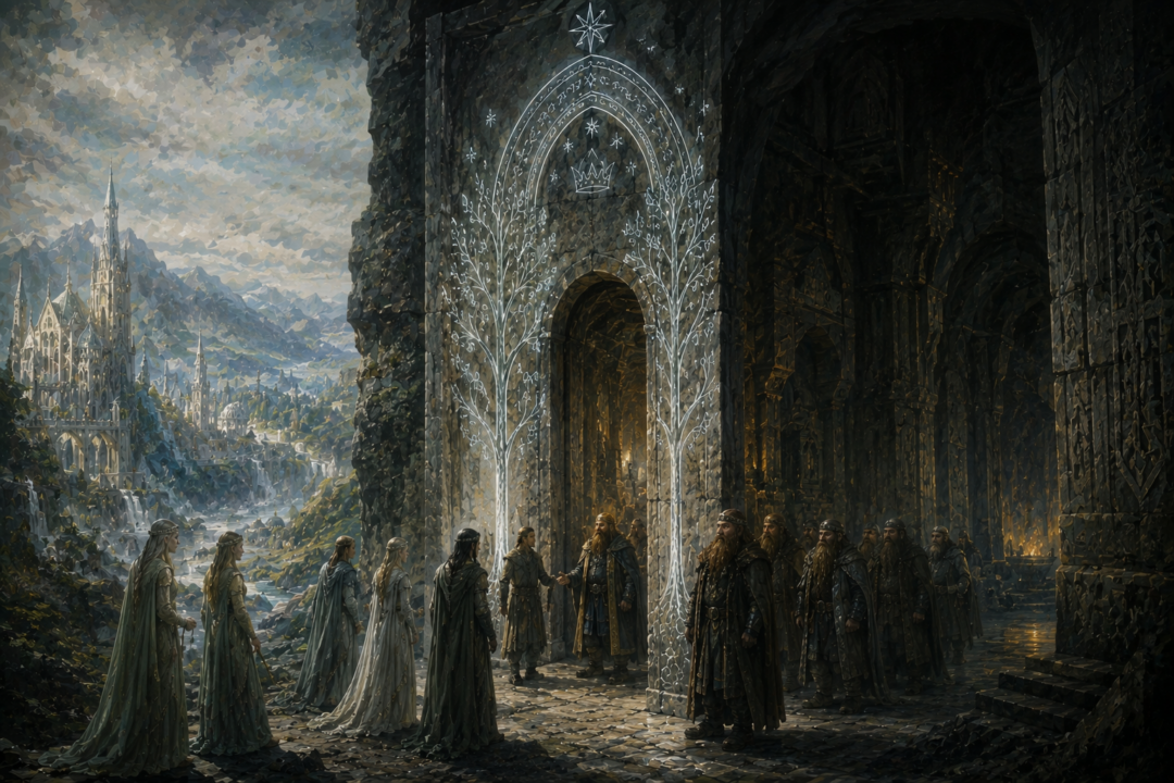The West-door of Khazad-dûm symbolizing friendship between Elves and Dwarves while preserving Dwarven privacy.