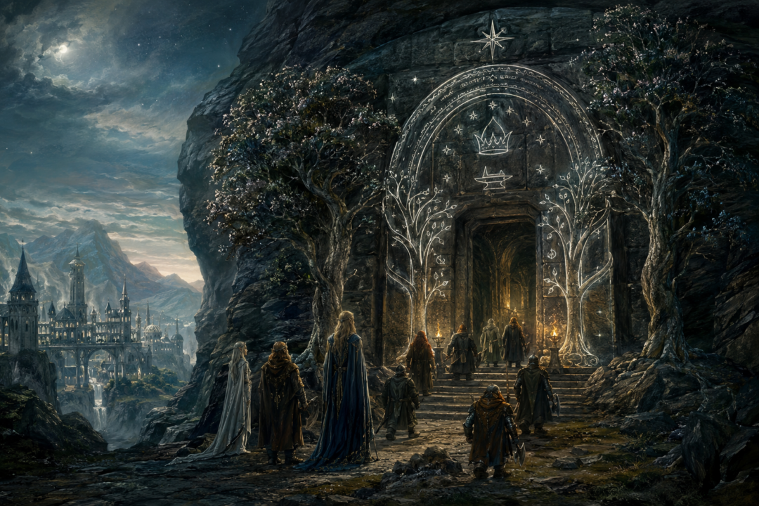 The Doors of Durin glowing beneath moonlight during the friendship between Khazad-dûm and Eregion.