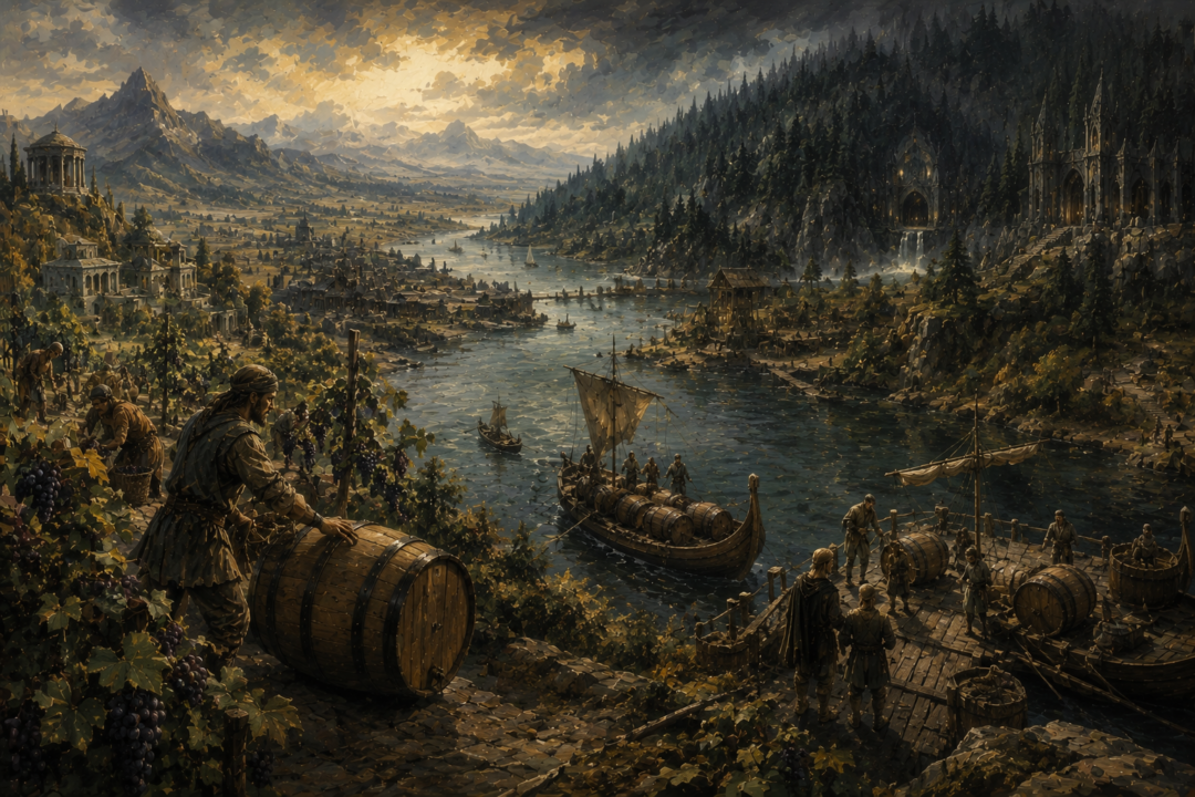 Panoramic view connecting Dorwinion vineyards, the River Running, Lake-town and northern Mirkwood through long-distance wine trade.