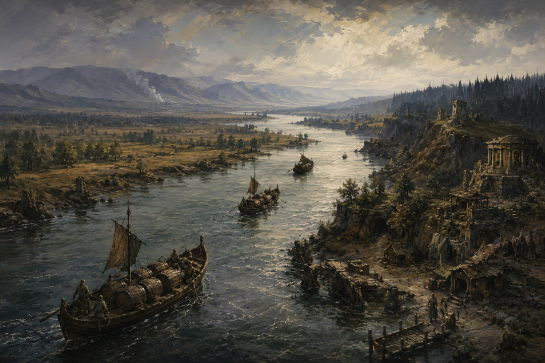 Wine barrels traveling by merchant boat along the River Running across the distant lands of Wilderland.
