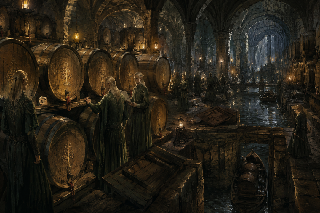 Wood-elves storing imported wine barrels in the underground cellars of the Woodland Realm.
