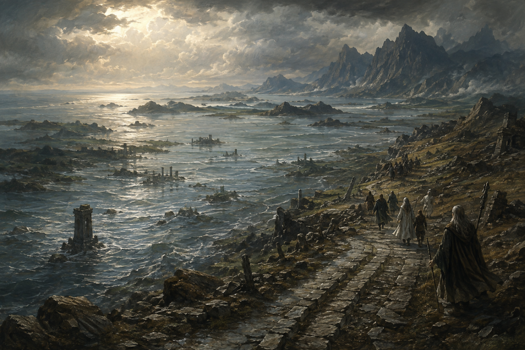 An ancient road of Beleriand disappearing beneath the sea as survivors move toward higher ground after the War of Wrath.