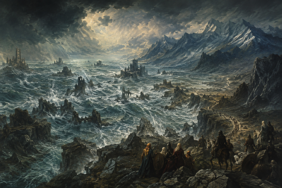 The lands of Beleriand disappearing beneath the sea after the War of Wrath at the end of the First Age