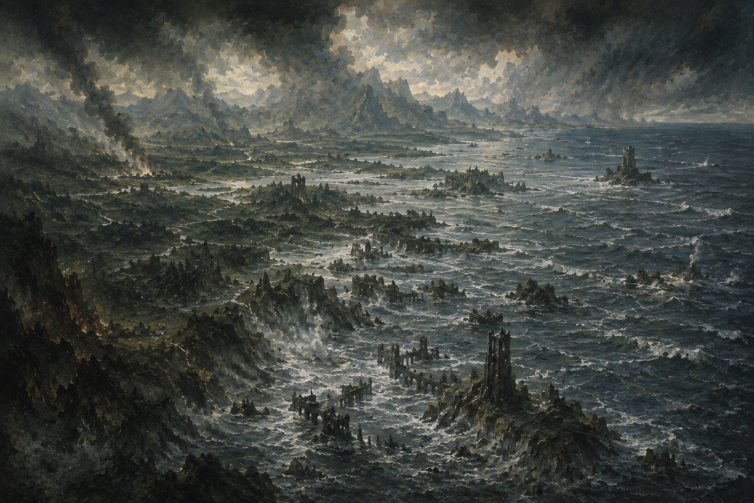 The ruined lands of Beleriand disappearing beneath the Sea after the cataclysmic War of Wrath.