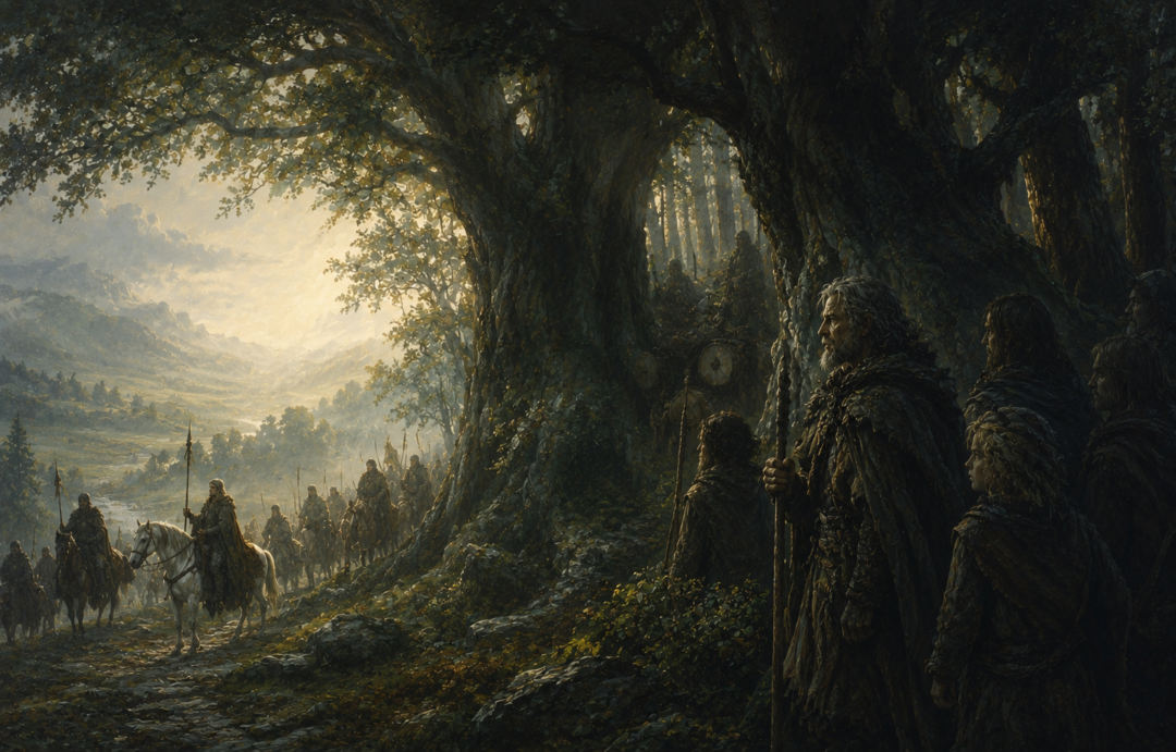 Drúedain watch from their ancient forest after King Elessar recognizes their right to the woodland.