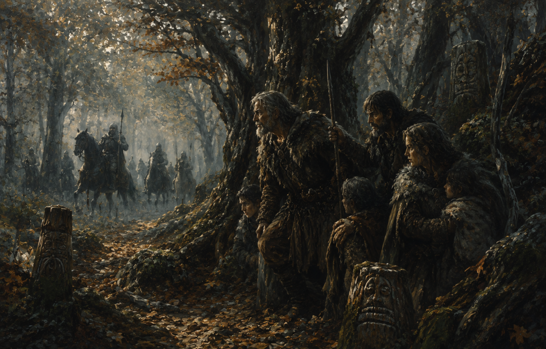 Drúedain retreat into their woodland as distant Rohirrim hunters pass through the forest.
