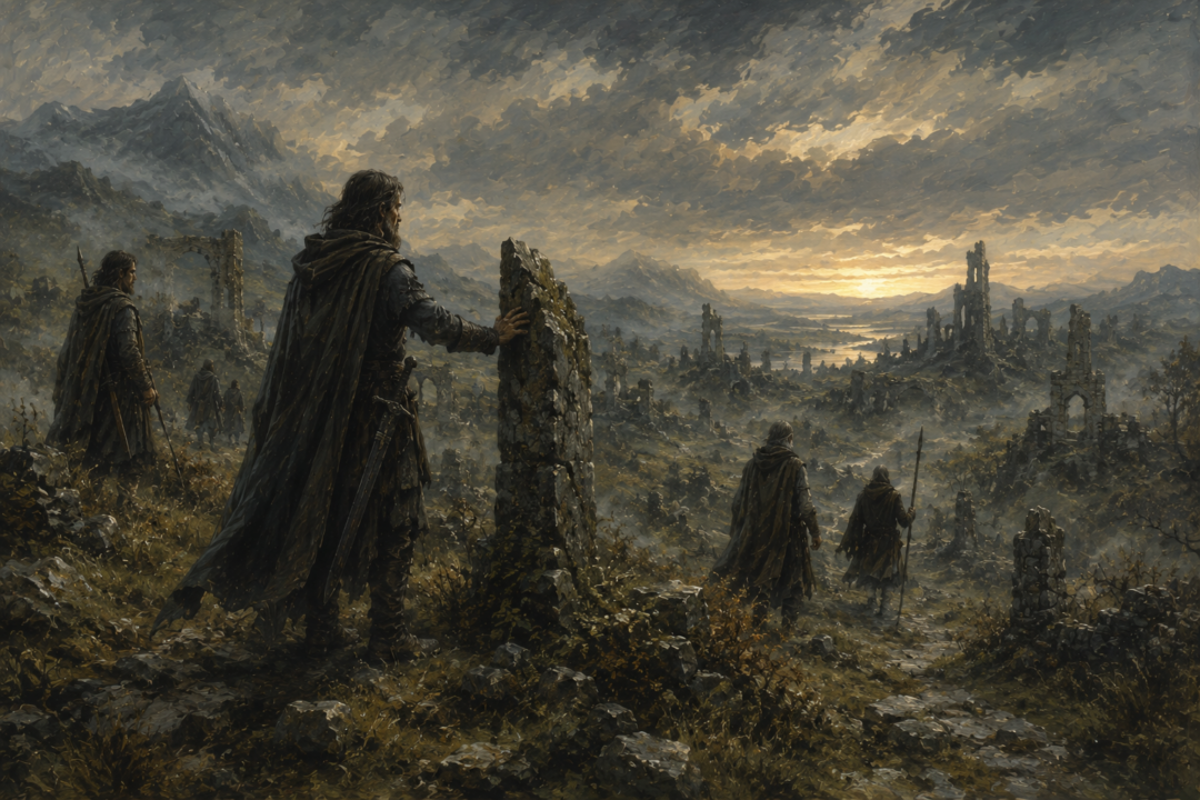 Dúnedain Rangers passing through the ruins of the lost northern kingdoms during the Watchful Peace