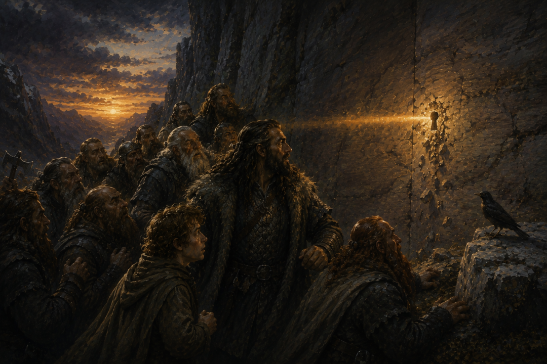The last light of Durin’s Day strikes Erebor’s rock face and reveals the hidden keyhole before Thorin’s company.