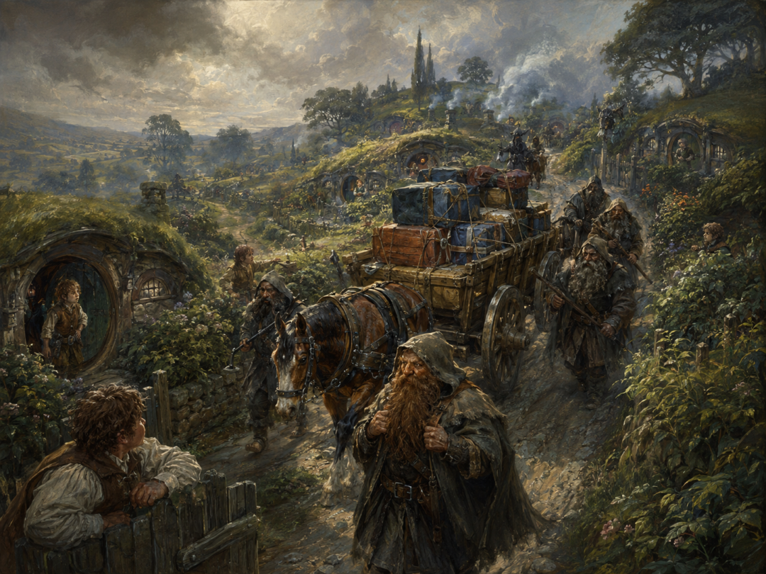 Dwarves bringing a wagon of foreign packages into Hobbiton before Bilbo Baggins's birthday party.