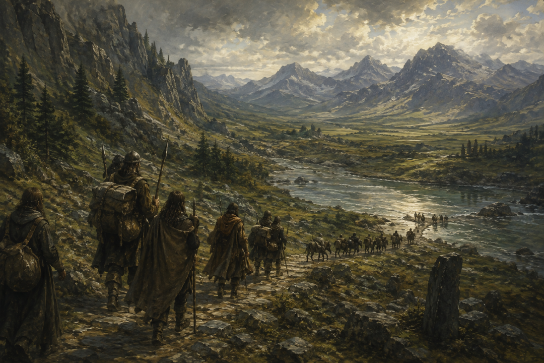 Early Men travelling west along the Dwarf-road from the Blue Mountains into Beleriand near Sarn Athrad.