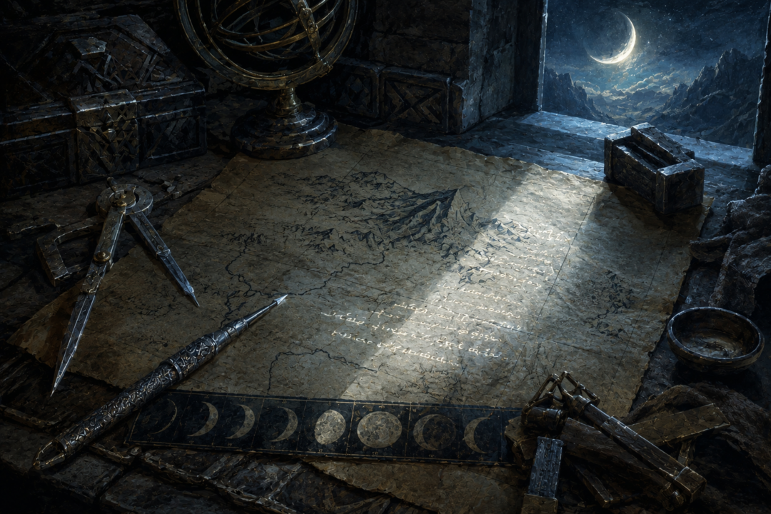 A silver pen and ancient map illustrate the specialized Dwarven craft used to create moon-letters.