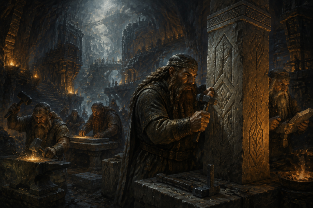 Dwarven craftsmen adapting Cirth runes inside the halls of Khazad-dum